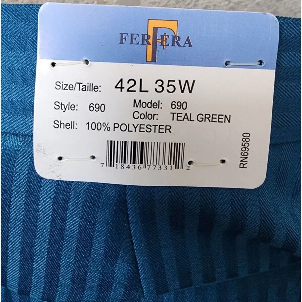 Ferera Teal Green 3 Piece Suit Mens Size 42L NEW Dapper Gentleman